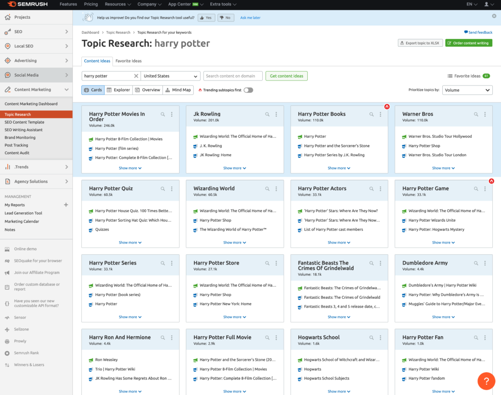 semrush topic research dashboard